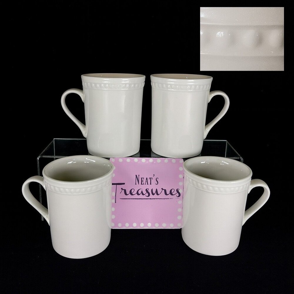JCP JCPenny Home BEADED All White Embossed 10oz Stoneware Cups Mugs Set of 4